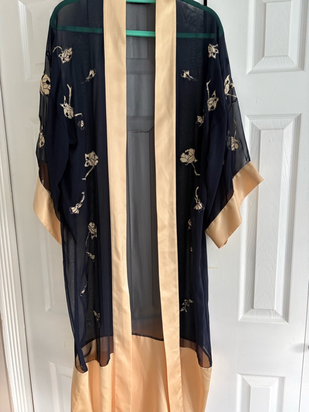 Natori Navy Sheer Kimono Robe with Champagne Trim and Floral Embroidery